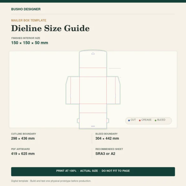 Self-Locking Mailer Box Template 150×150×50mm size guide showing original dielines and print dimensions