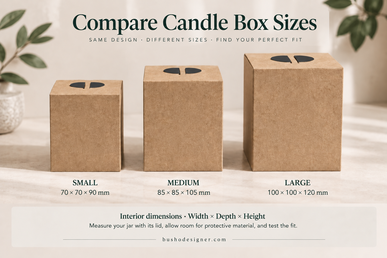 Three butterfly-lock kraft candle boxes comparing small 70 x 70 x 90 mm, medium 85 x 85 x 105 mm, and large 100 x 100 x 120 mm interior sizes.