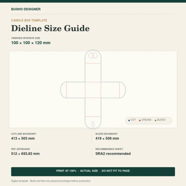 Candle Box 100x100x120mm Dieline Size Guide Candle box template 100x100x120 mm size guide showing cut, crease, bleed and print dimensions