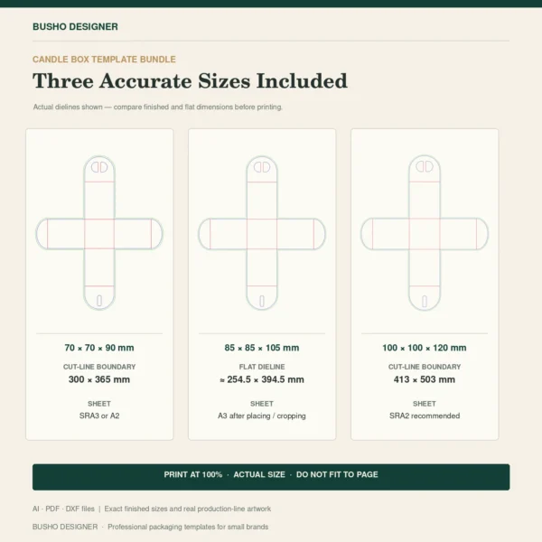 Candle Box Template Bundle size guide showing original dielines and print dimensions