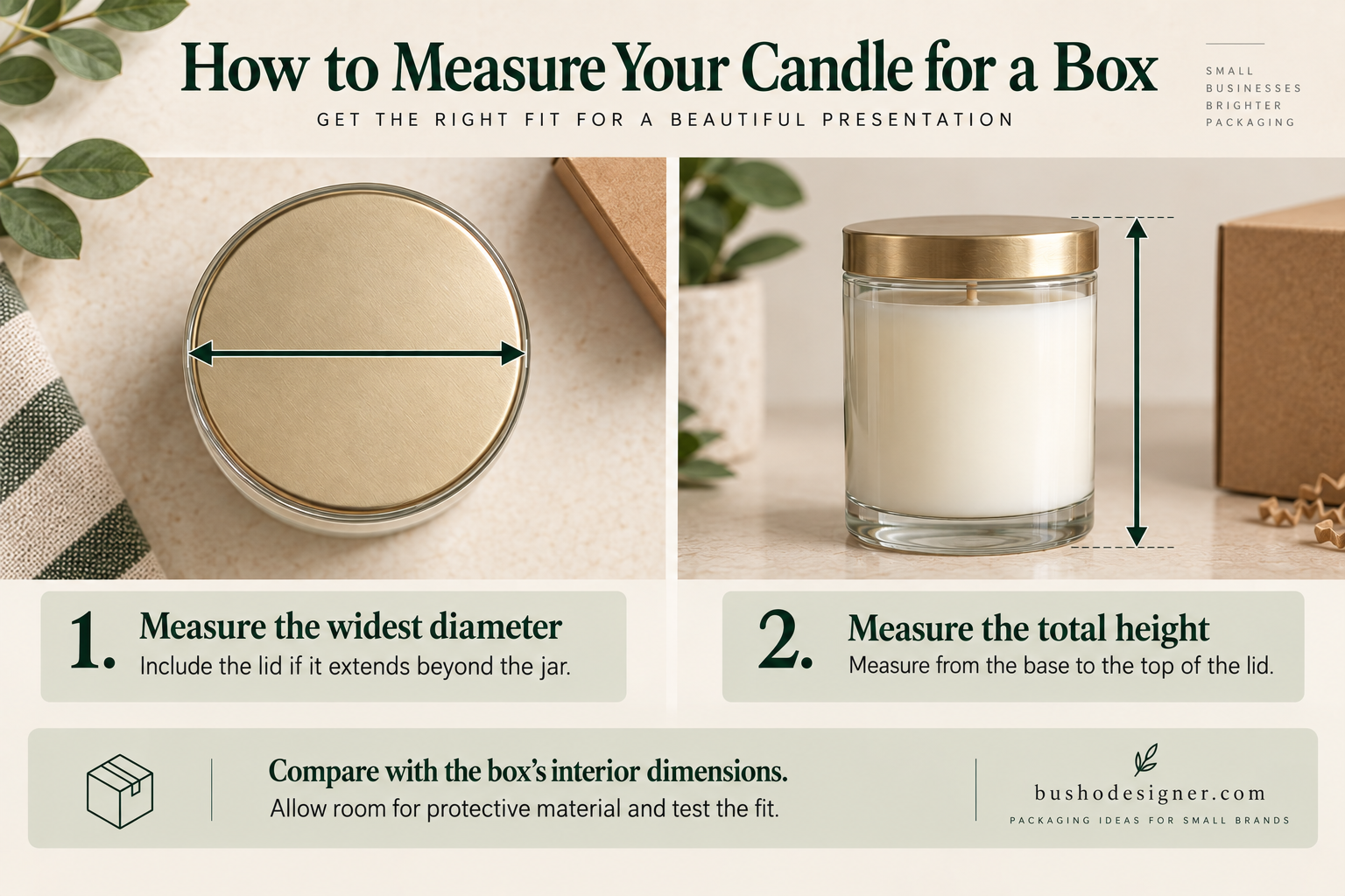 How to choose a candle box size by measuring the jar's widest outside diameter and total height with the lid fitted.