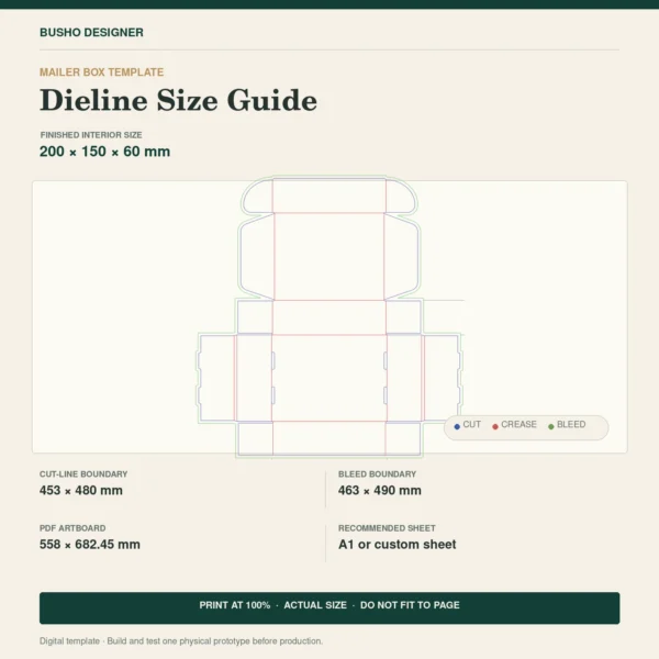 Self-Locking Mailer Box Template 200×150×60mm size guide showing cut, crease, bleed and print dimensions