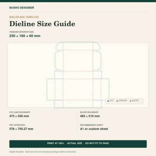 Self-Locking Mailer Box Template 230×160×60mm size guide showing cut, crease, bleed and print dimensions