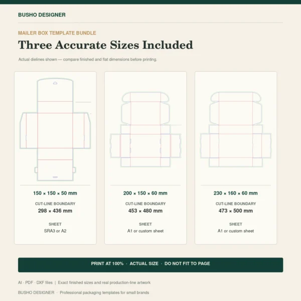 Self-Locking Mailer Box Template Bundle size guide showing original dielines and print dimensions
