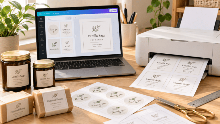 Home workspace for printing handmade soap labels