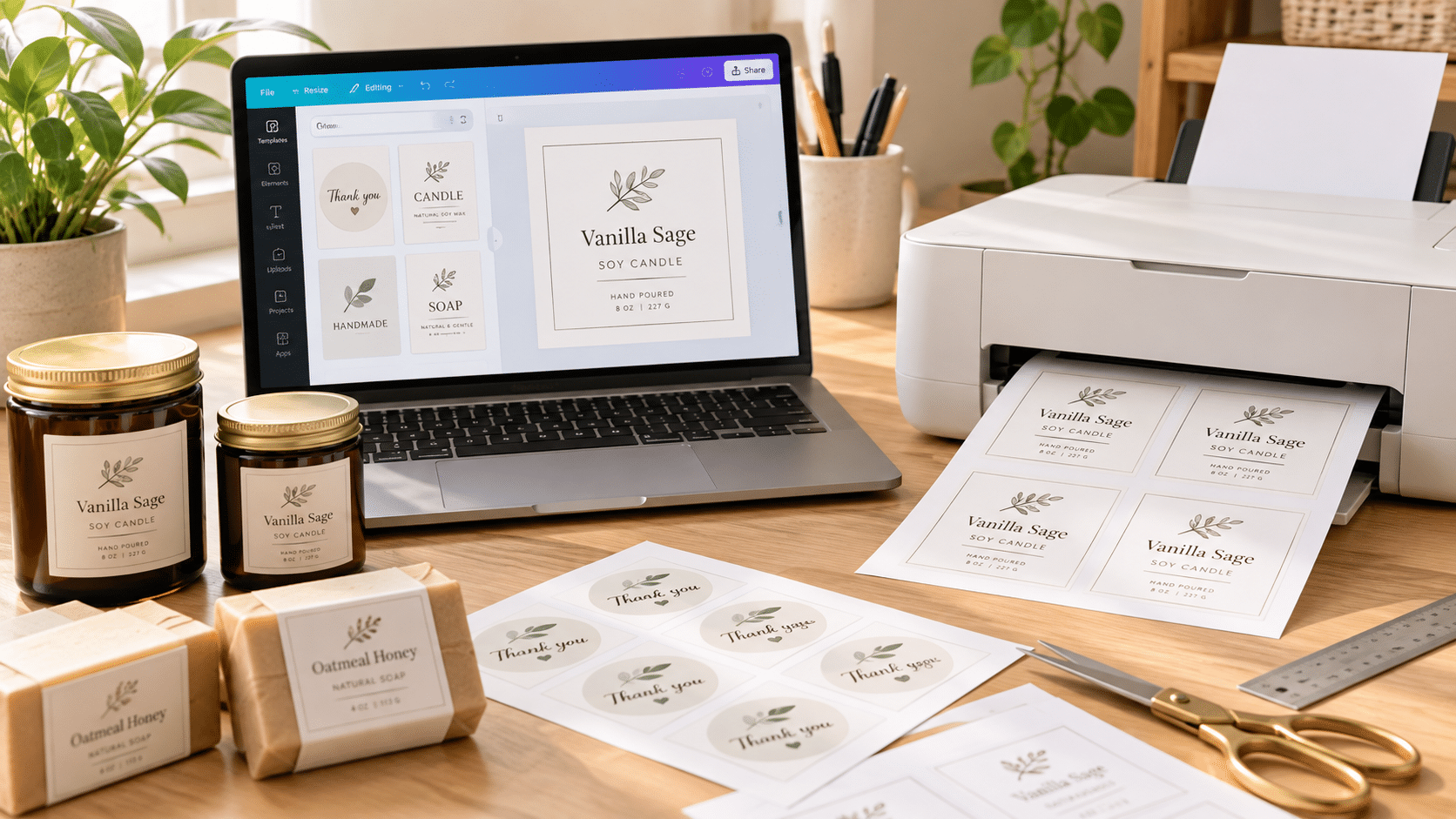Home workspace for printing handmade soap labels