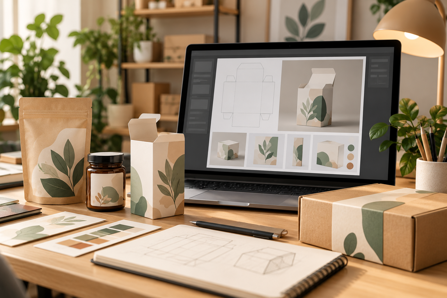 Realistic packaging design workspace with dielines, mockups and product packaging