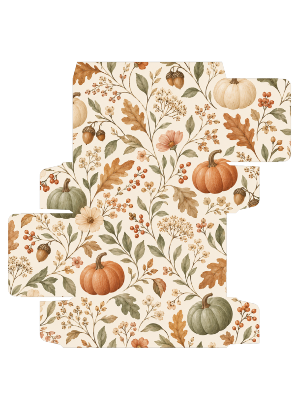 A4 Thanksgiving gift box template with botanical pumpkins and autumn flowers