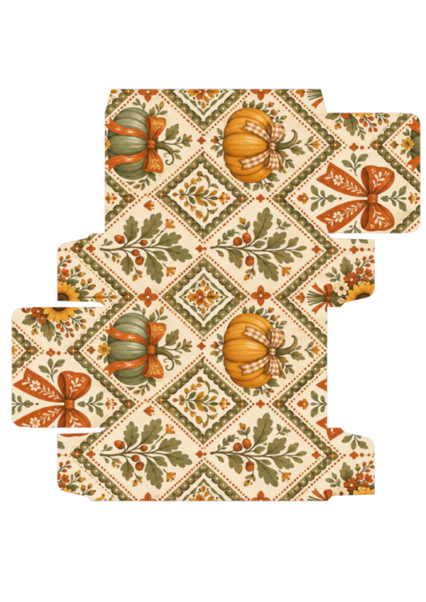 A4 printable Thanksgiving gift box template with vintage patchwork pumpkins and bows