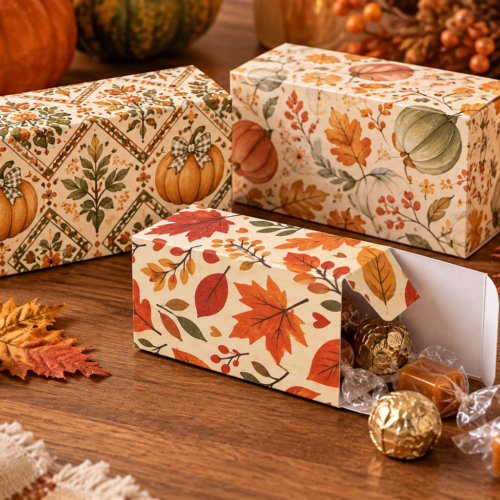 Thanksgiving printable gift boxes in autumn patterns with wrapped candy favors