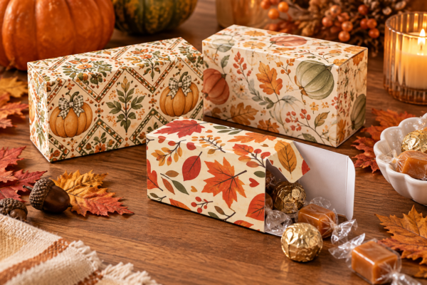 Thanksgiving printable gift boxes in autumn patterns with wrapped candy favors