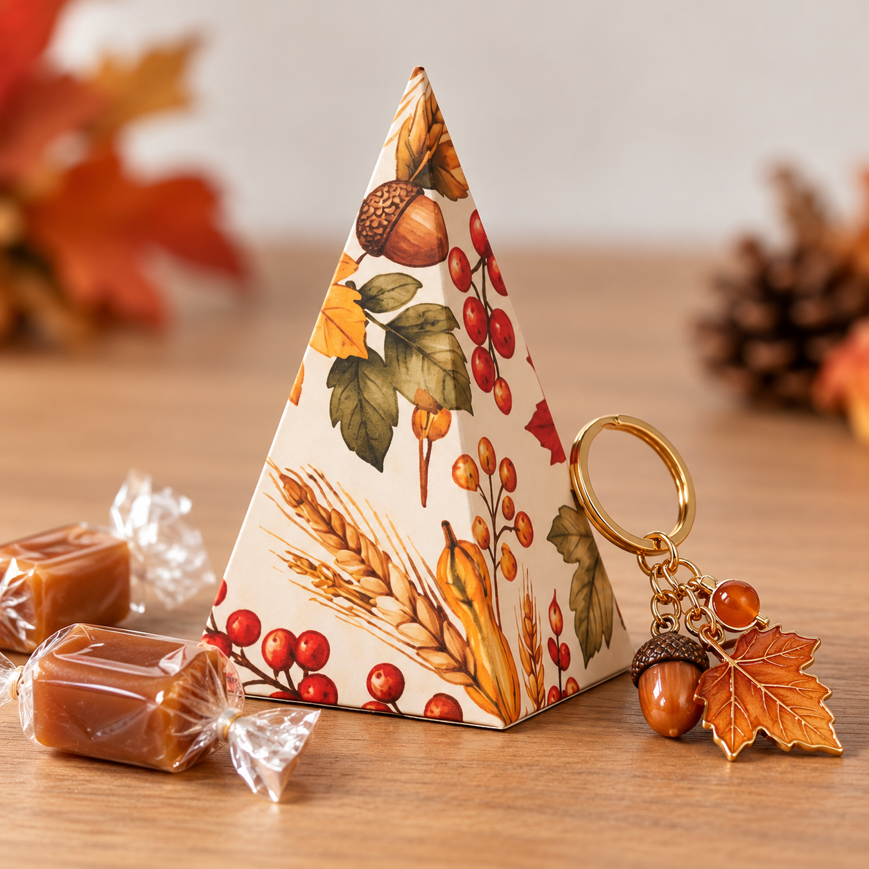 Thanksgiving printable pyramid treat box with wrapped caramel candies and autumn keychain
