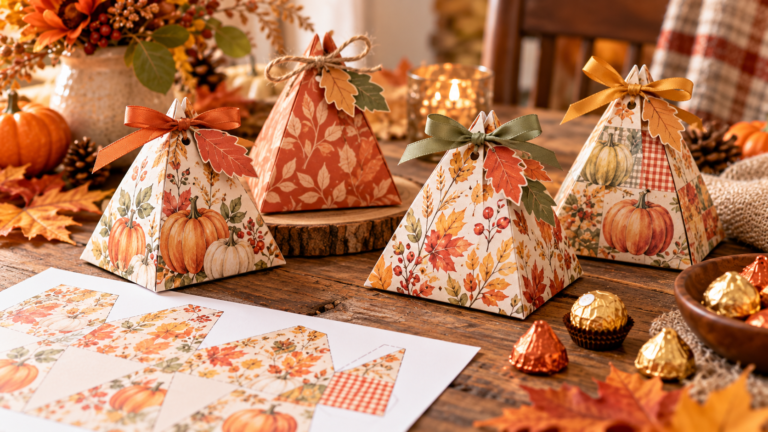 Thanksgiving printable pyramid treat boxes with autumn pumpkin and leaf patterns, ribbons and wrapped chocolates on a rustic table