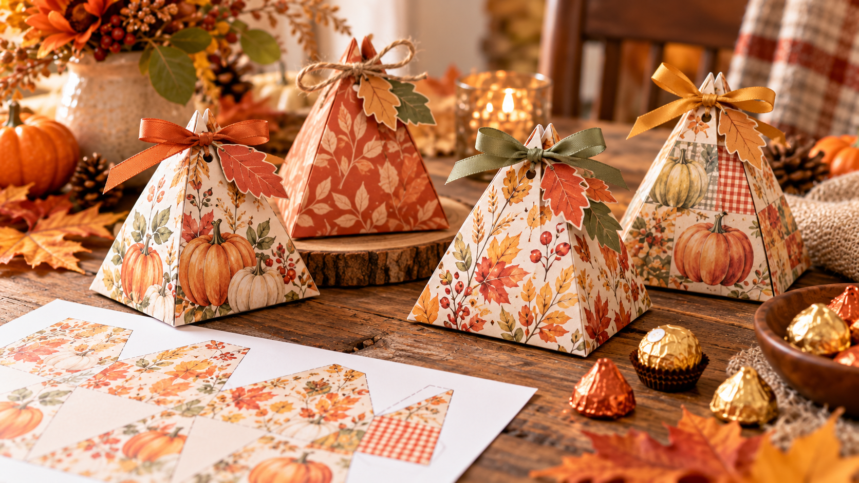 Thanksgiving printable pyramid treat boxes with autumn pumpkin and leaf patterns, ribbons and wrapped chocolates on a rustic table