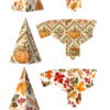 Three Thanksgiving printable pyramid treat box designs shown as assembled boxes and matching dieline previews