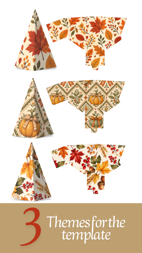 Three Thanksgiving printable pyramid treat box designs shown as assembled boxes and matching dieline previews