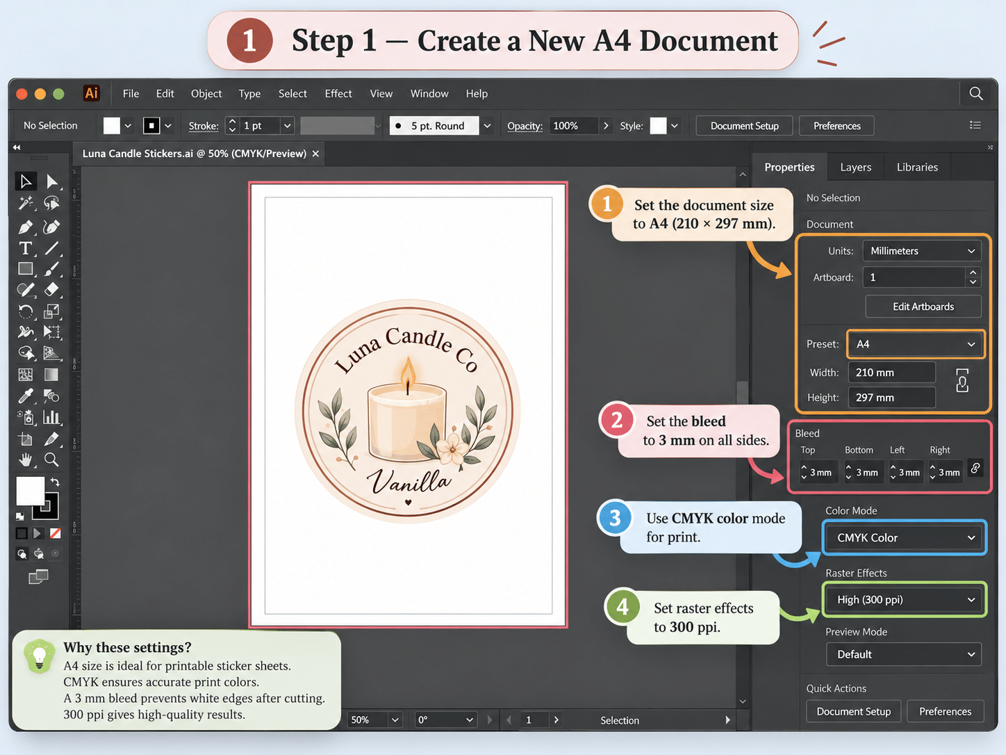 Adobe Illustrator sticker tutorial step 1 creating a new A4 document