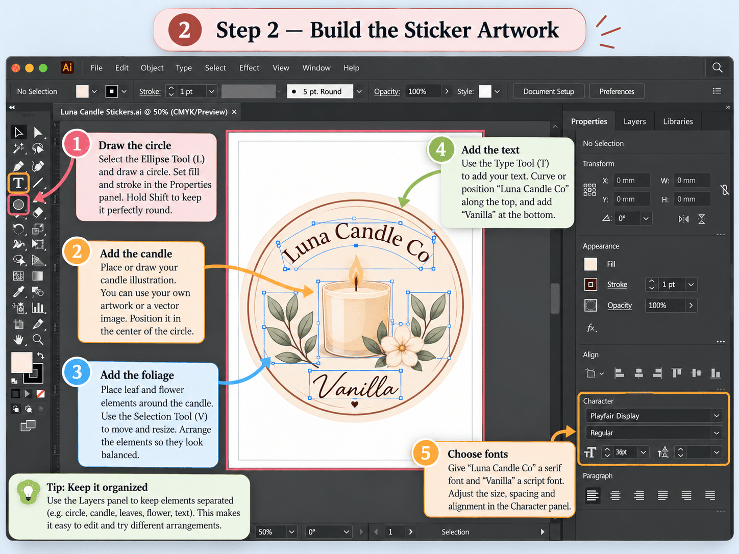 Adobe Illustrator sticker tutorial step 2 building the sticker artwork