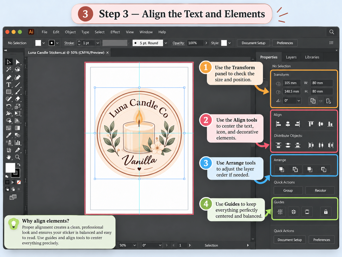 Adobe Illustrator sticker tutorial step 3 aligning text and design elements