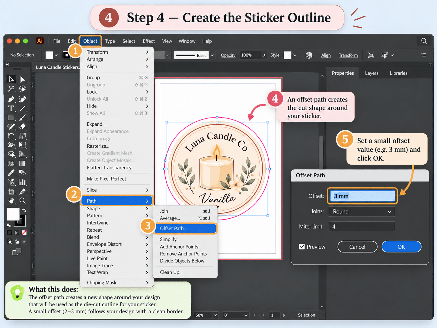 Adobe Illustrator sticker tutorial step 4 creating a sticker outline with Offset Path