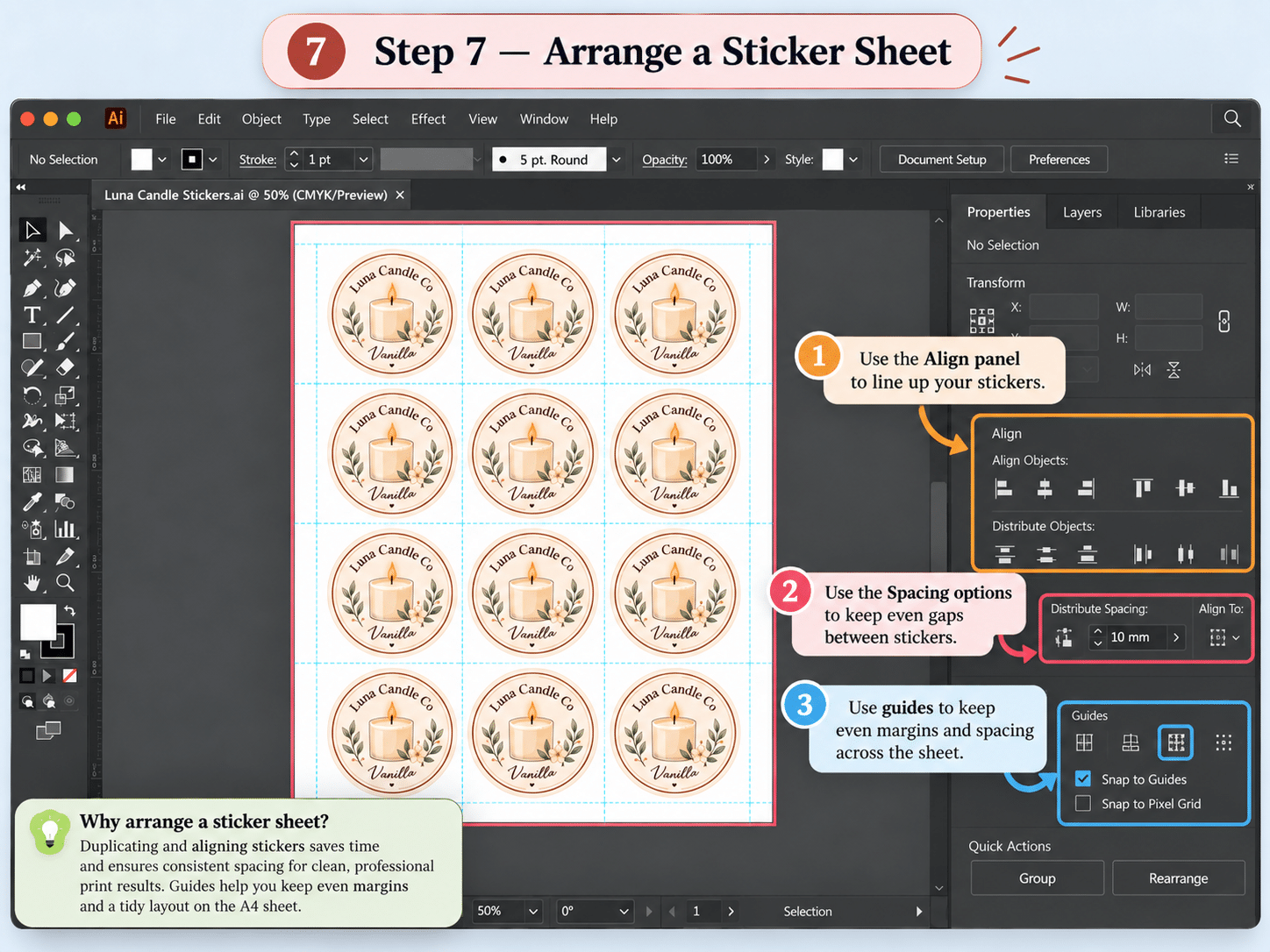Adobe Illustrator sticker tutorial step 7 arranging stickers on an A4 sheet