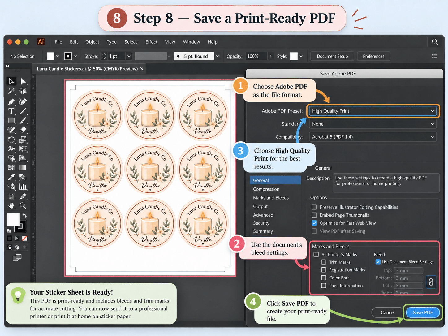 Adobe Illustrator sticker tutorial step 8 saving a print-ready PDF