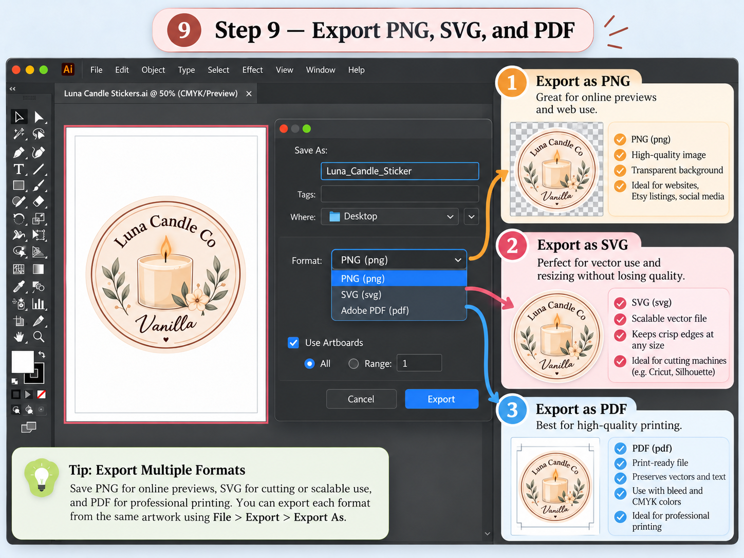 Adobe Illustrator sticker tutorial step 9 exporting PNG SVG and PDF